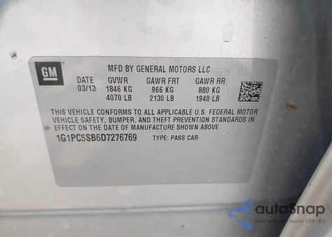 2013 Chevrolet Cruze 1Lt Auto from USA, damaged, VIN 1G1PC5SB6D7276769